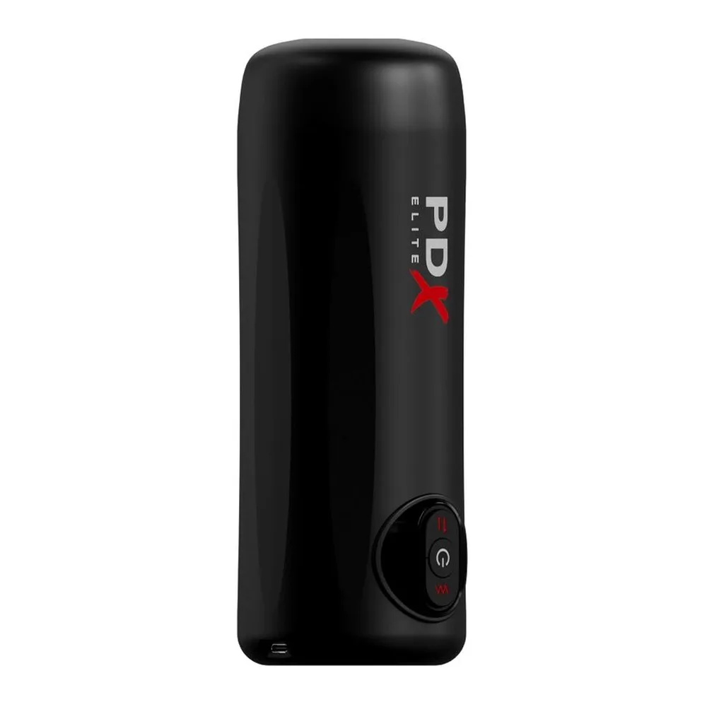 Masturbateur noir cylindrique PDX Elite avec base blanche, boutons de contrôle rouge et blanc sur le dessus, logo PDX ELITE en blanc et rouge sur le corps