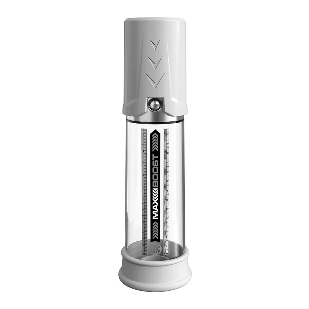 Pompe à pénis cylindrique Max Boost en plastique transparent avec capuchon noir, dotée d'une base noire et de marquages de mesure gravés sur le corps