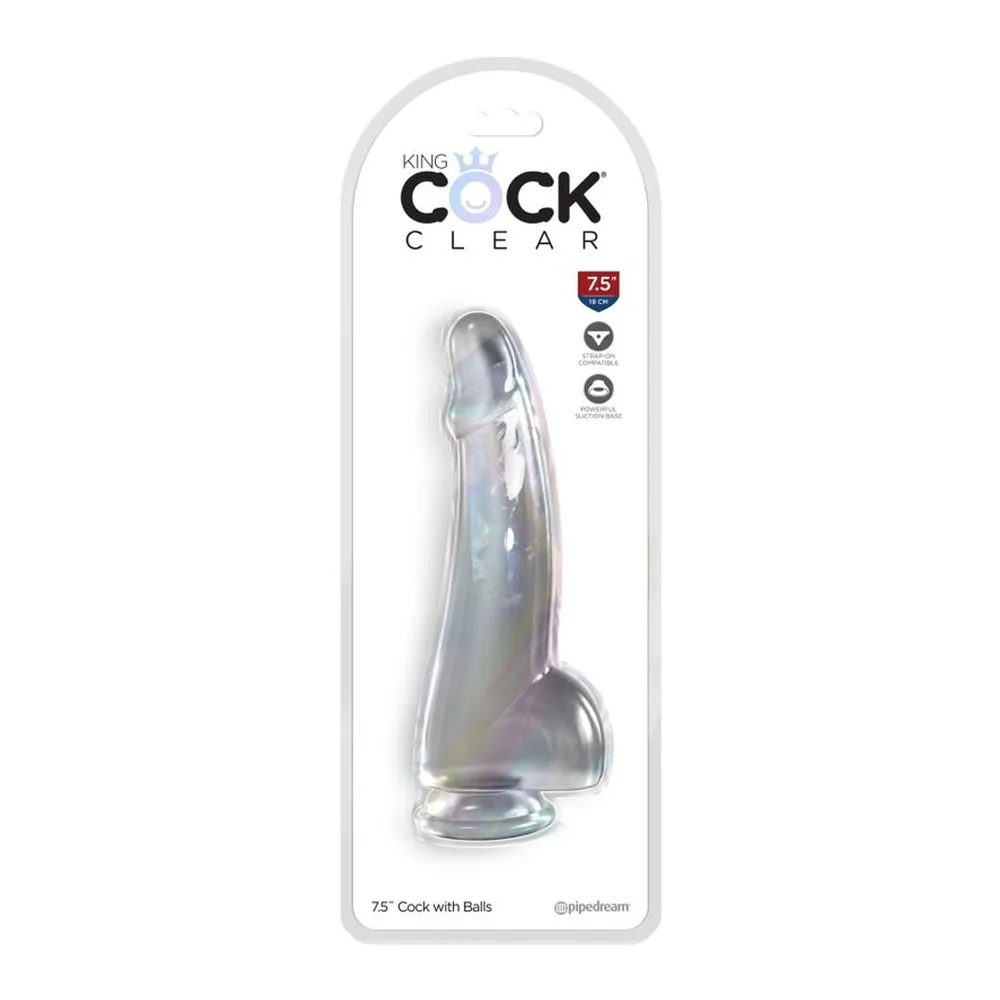 Emballage du gode King Cock Clear, gode translucide avec testicules moulés, présenté dans son blister de vente sur fond blanc