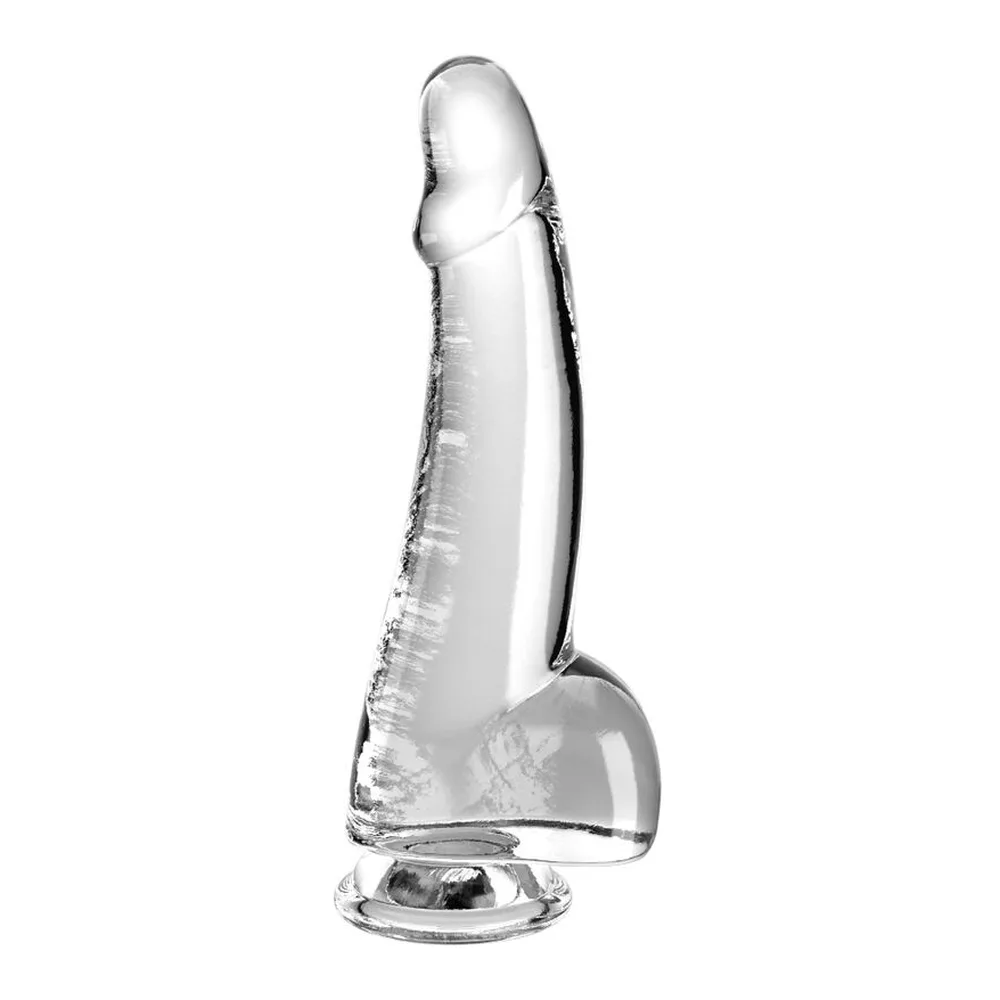 Emballage du gode King Cock Clear, gode translucide avec testicules moulés, présenté dans son blister de vente sur fond blanc