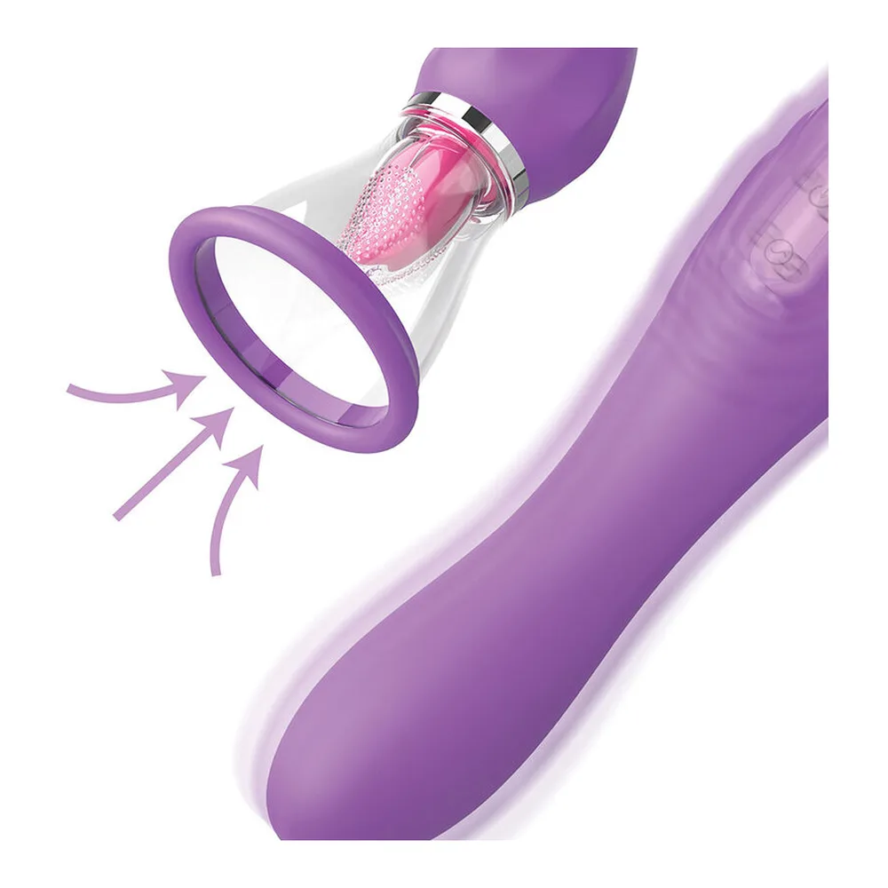 Stimulateur clitoridien violet avec tuyau d'aspiration, composé d'une coupe transparente à anneau violet et d'un boîtier de commande relié par un tuyau flexible, sur fond blanc