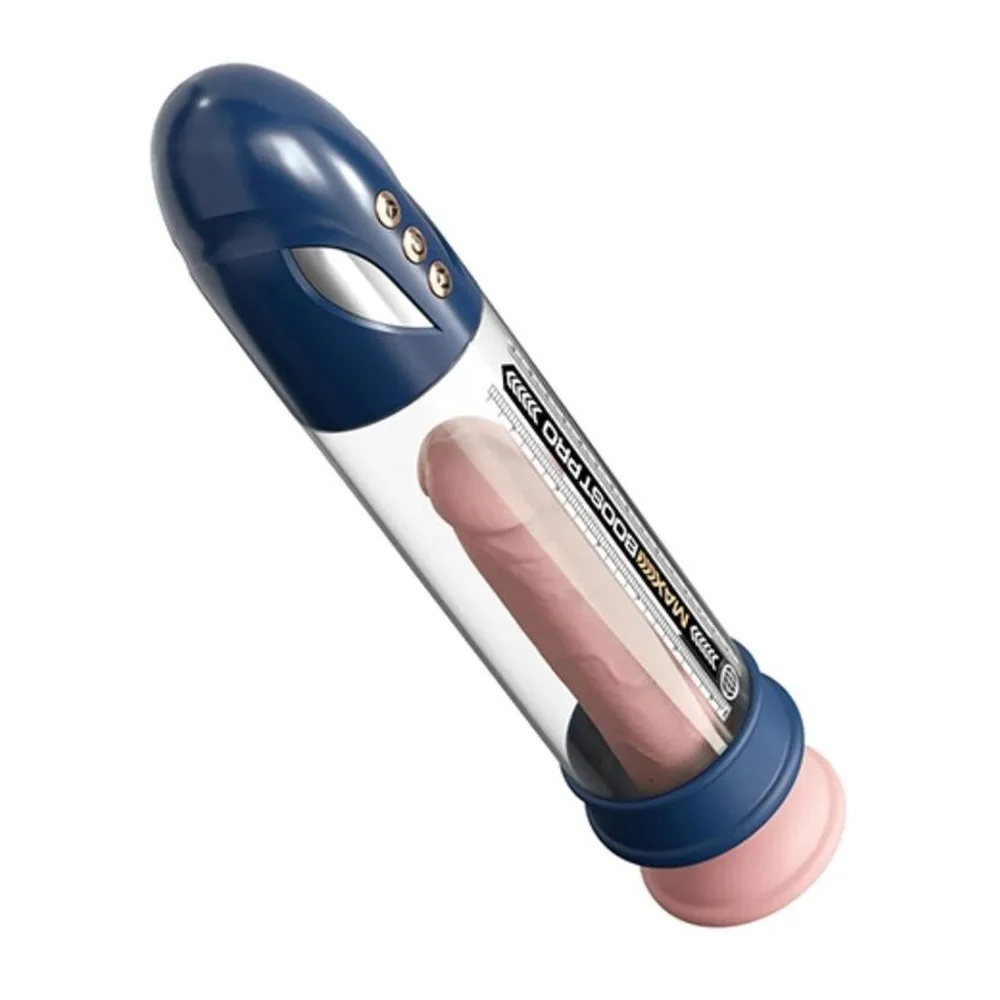 Pompe à pénis automatique Max Boost Pro Flow en cylindre transparent avec embout et base bleu marine, trois boutons de commande visibles sur le capuchon