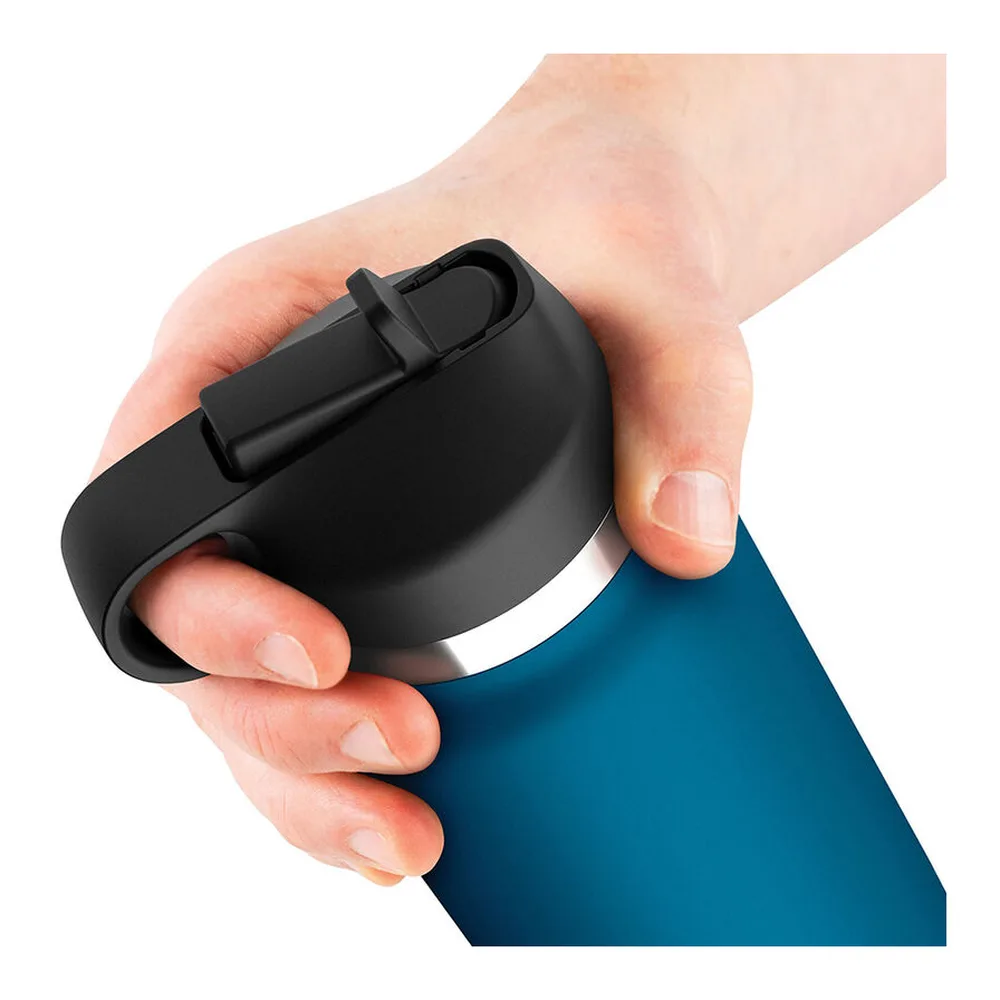 Masturbateur en silicone chair avec orifice vaginal dans une gaine thermique bleu canard, dotée d'une sangle noire et d'une valve réglable, avec fourreau amovible