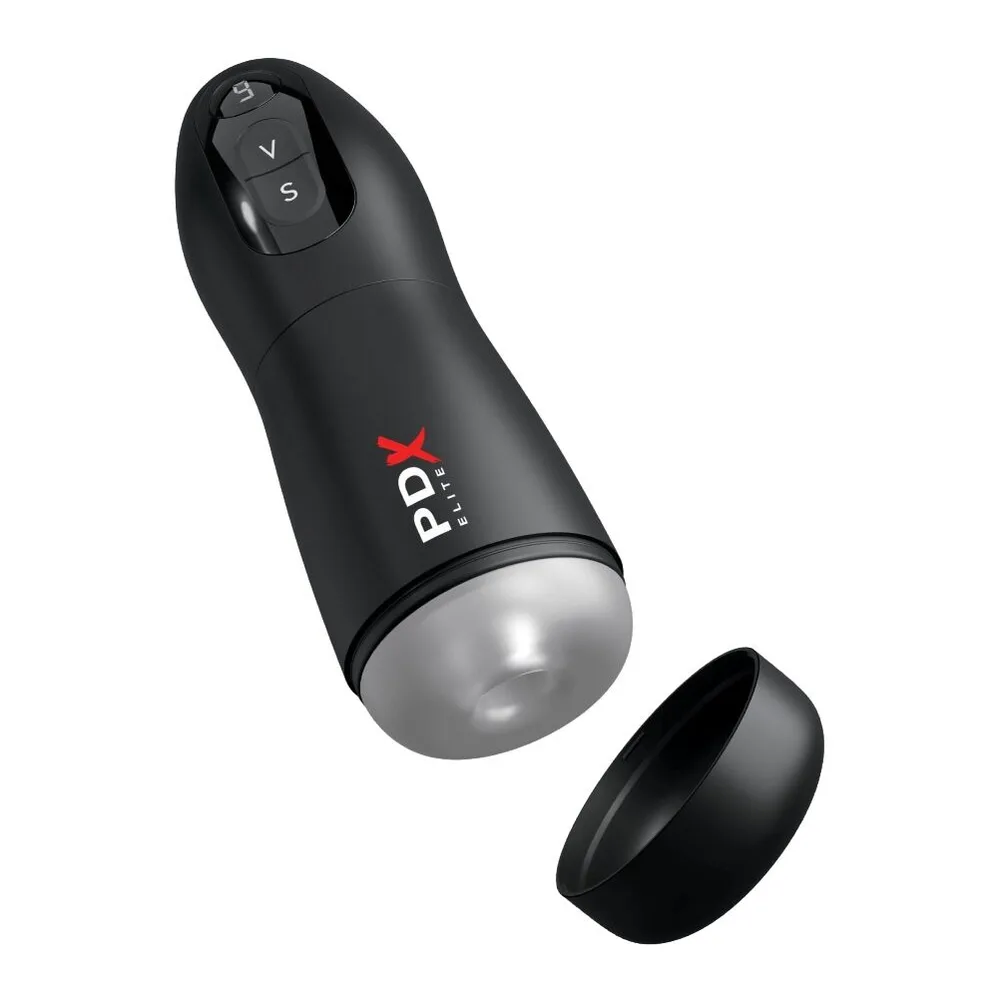 Masturbateur PDX Elite noir avec corps cylindrique gris perlé, boutons de commande en haut et manchon amovible noir en bas, sur fond blanc