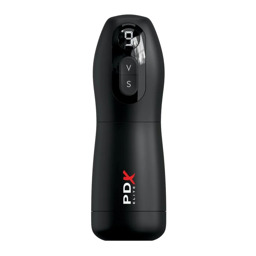 Masturbateur PDX Elite noir avec corps cylindrique gris perlé, boutons de commande en haut et manchon amovible noir en bas, sur fond blanc