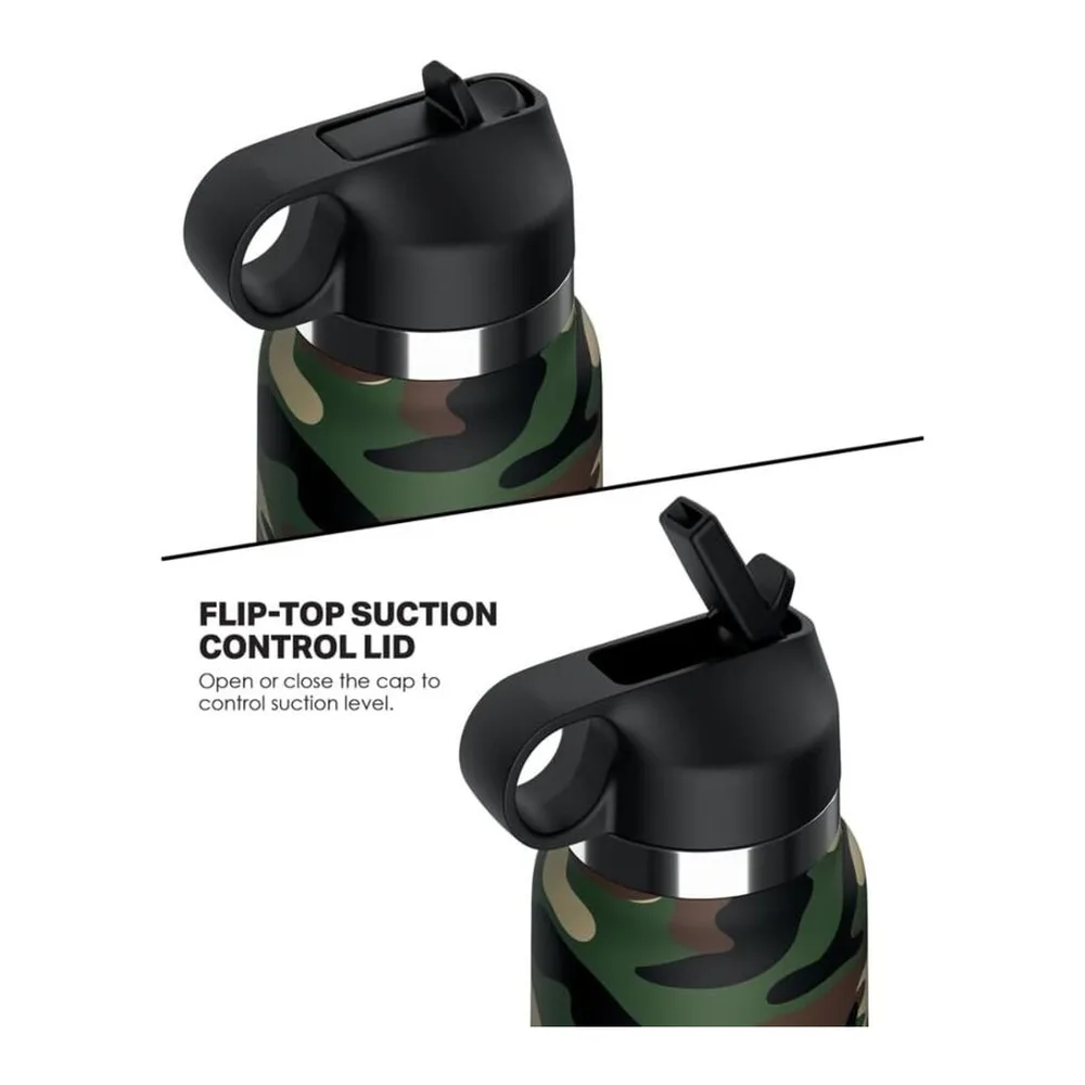 Masturbateur camouflé en gourde avec motif camouflage vert et noir, bouchon rabattable noir avec système de contrôle d'aspiration, montré en deux positions du bouchon