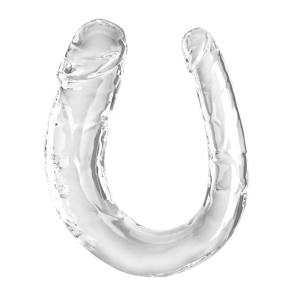 Double gode translucide en forme de U avec deux extrémités arrondies, tige s'épaississant progressivement, sur fond blanc