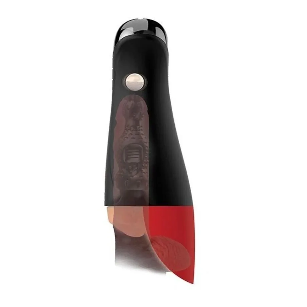 Masturbateur noir avec embout rouge et détails texturés visibles, capuchon chromé et bouton de commande blanc sur fond blanc