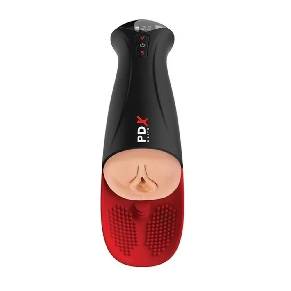 Masturbateur noir avec embout rouge et détails texturés visibles, capuchon chromé et bouton de commande blanc sur fond blanc