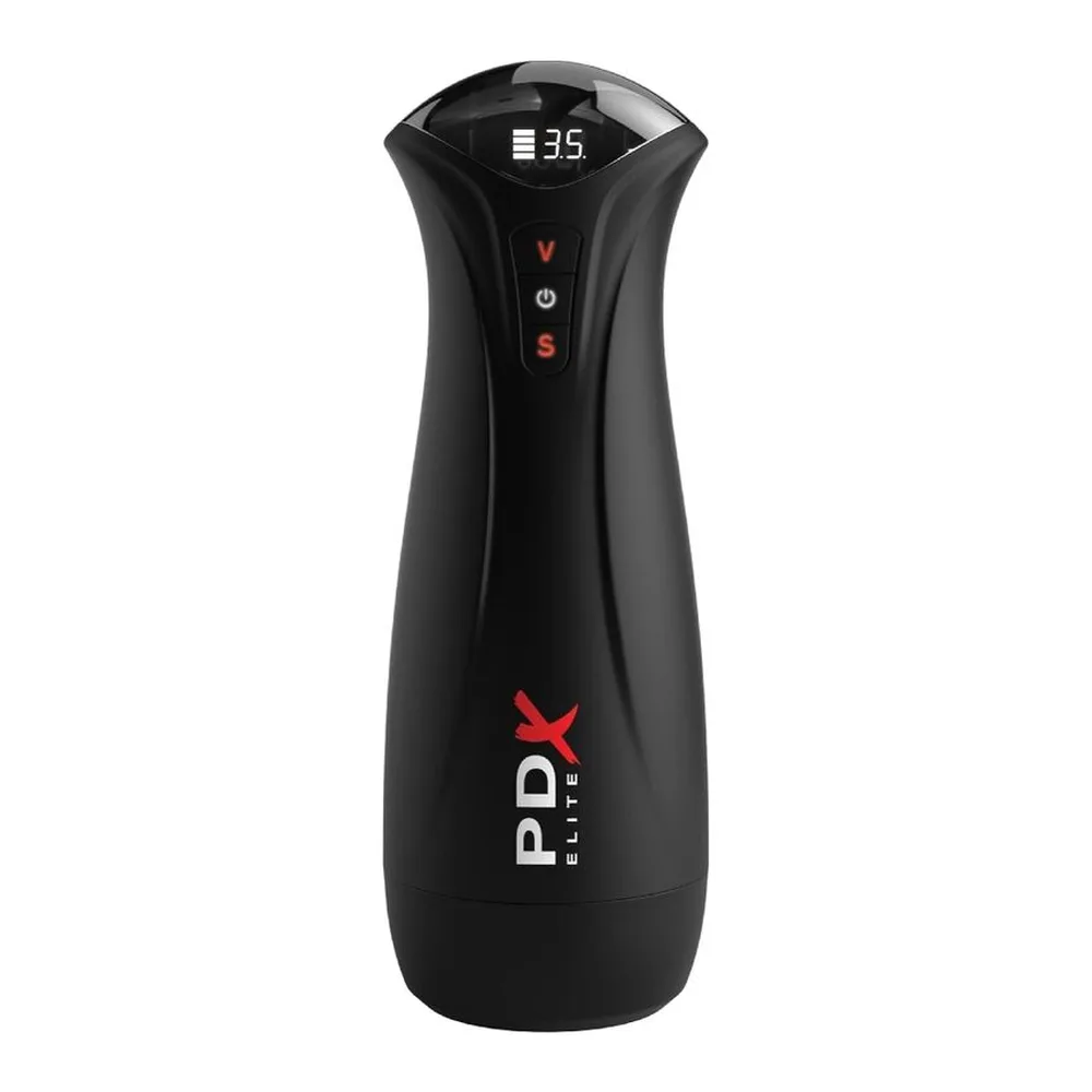 Masturbateur noir PDX Elite avec écran LED affichant la température, boutons de contrôle rouge et blanc sur le côté, manchon transparent visible à la base