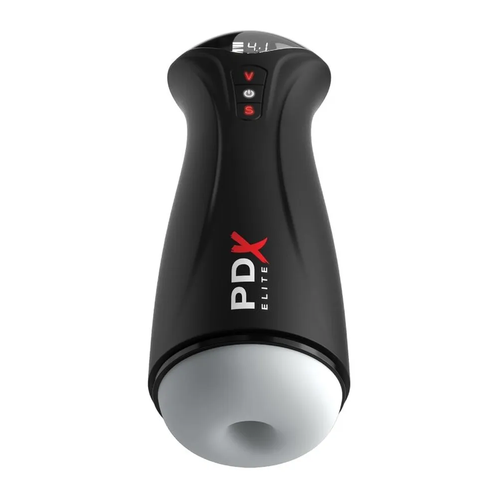 Masturbateur noir PDX Elite avec écran LED affichant la température, boutons de contrôle rouge et blanc sur le côté, manchon transparent visible à la base