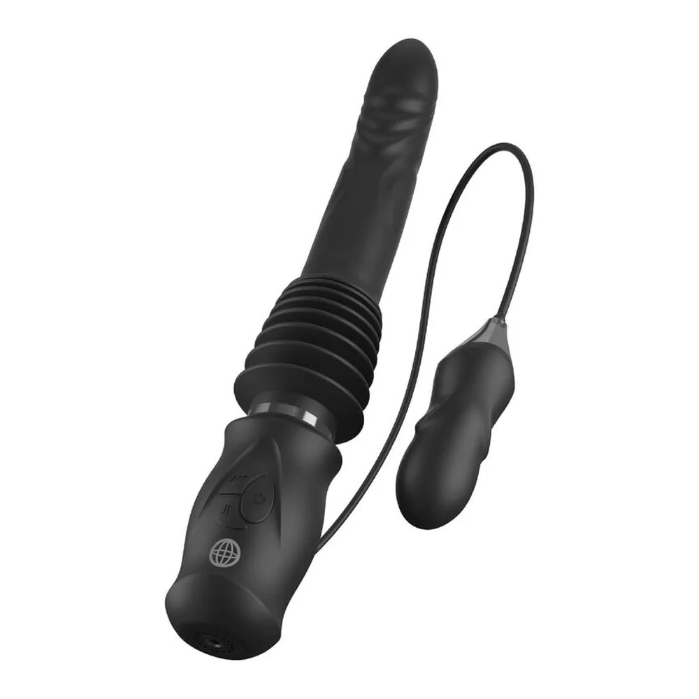Vibromasseur noir en silicone avec embout ondulé, anneau de commande et balle vibrante détachable, sur ventouse de fixation
