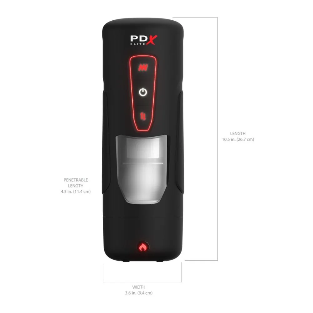 Masturbateur automatique noir PDX Elite avec manchon argenté, écran de commande à boutons et voyants rouges, schéma de dimensions indiquées