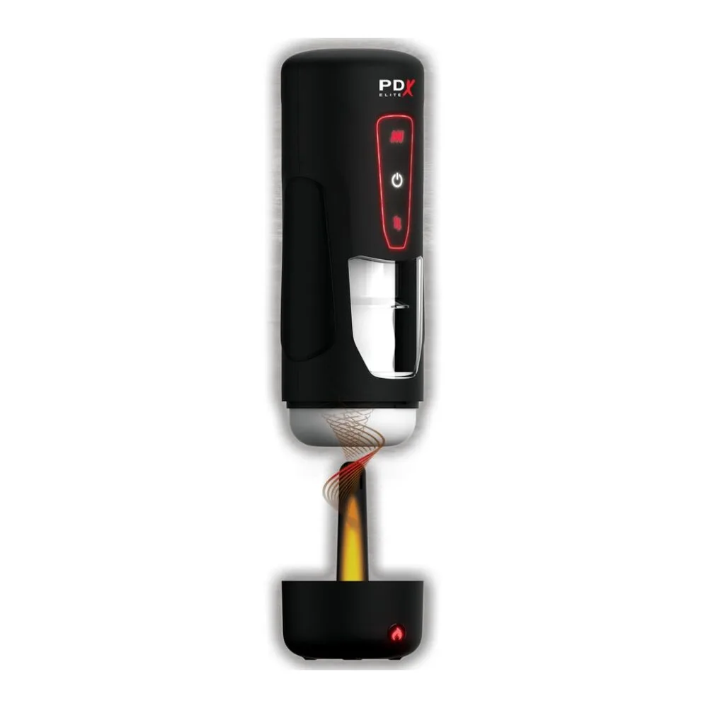 Masturbateur automatique noir PDX Elite avec manchon argenté, écran de commande à boutons et voyants rouges, schéma de dimensions indiquées
