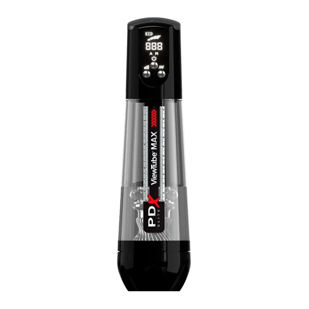 Masturbateur Vortex Max View de marque PDX avec tube transparent, contrôle numérique noir en haut et télécommande, sur fond blanc