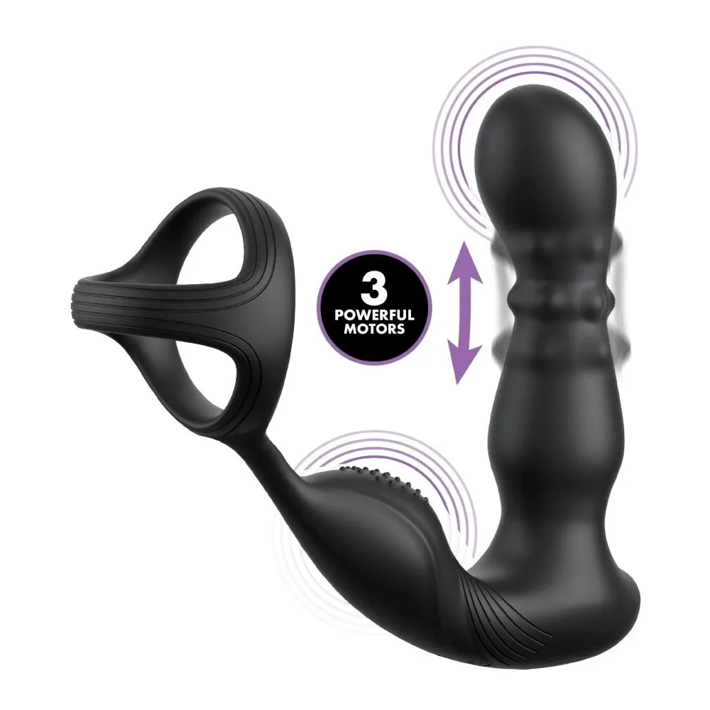 Stimulateur prostatique noir en silicone avec anneau pénien intégré, bras périnéal et télécommande sans fil affichant trois boutons de commande