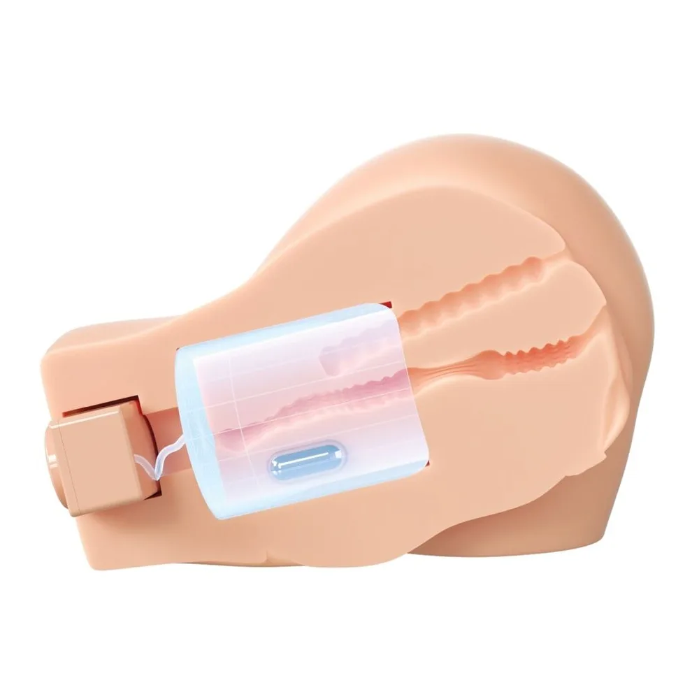 Masturbateur réaliste en silicone chair avec insertion transparente, deux moteurs visibles, télécommande bleue incluse, sur fond blanc