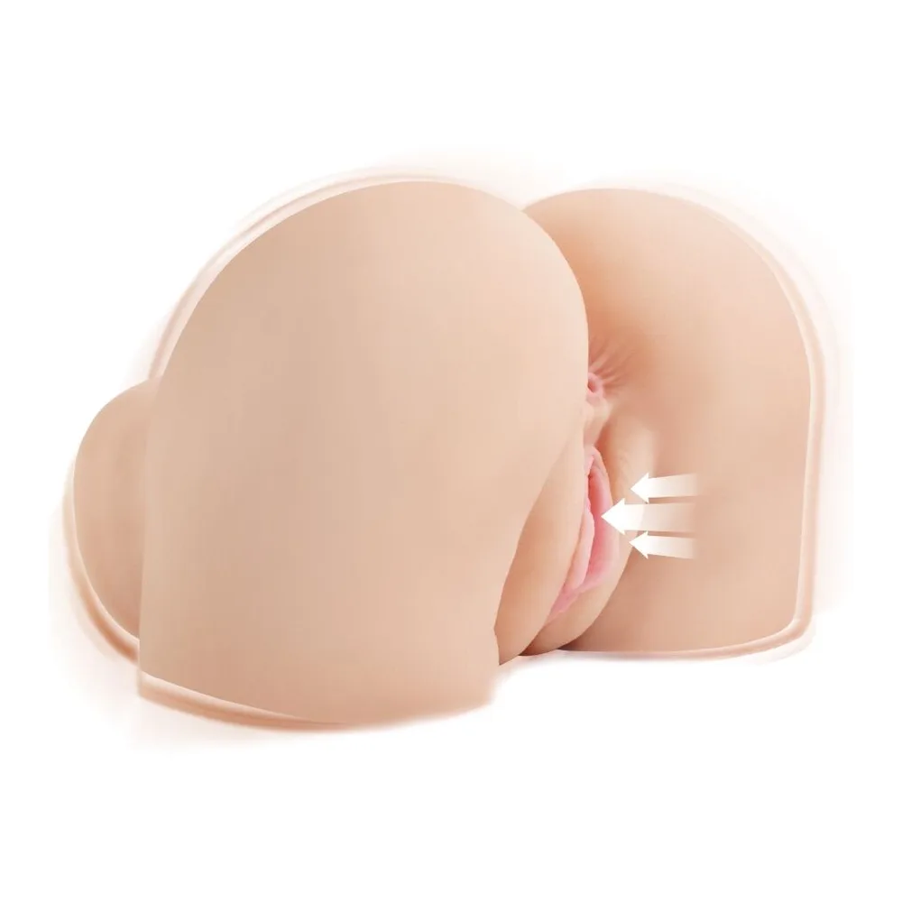 Masturbateur réaliste en silicone chair avec insertion transparente, deux moteurs visibles, télécommande bleue incluse, sur fond blanc