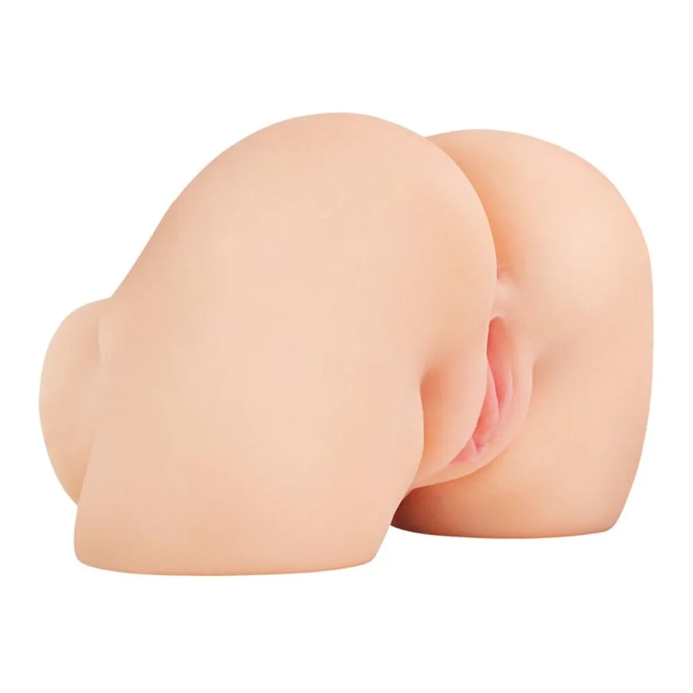 Masturbateur en silicone chair représentant des fesses avec détails anatomiques roses, deux ouvertures visibles, forme réaliste et volumineuse sur fond blanc