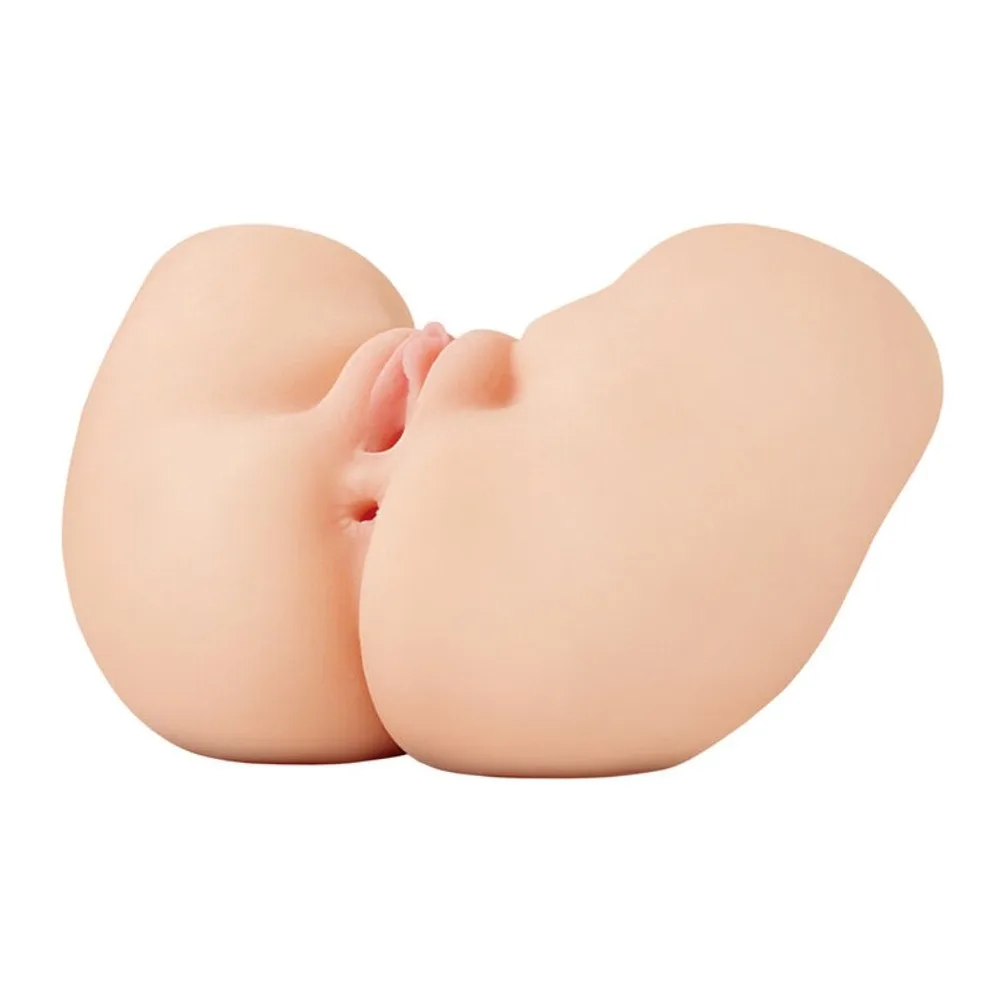 Masturbateur en silicone chair représentant des fesses avec détails anatomiques roses, deux ouvertures visibles, forme réaliste et volumineuse sur fond blanc