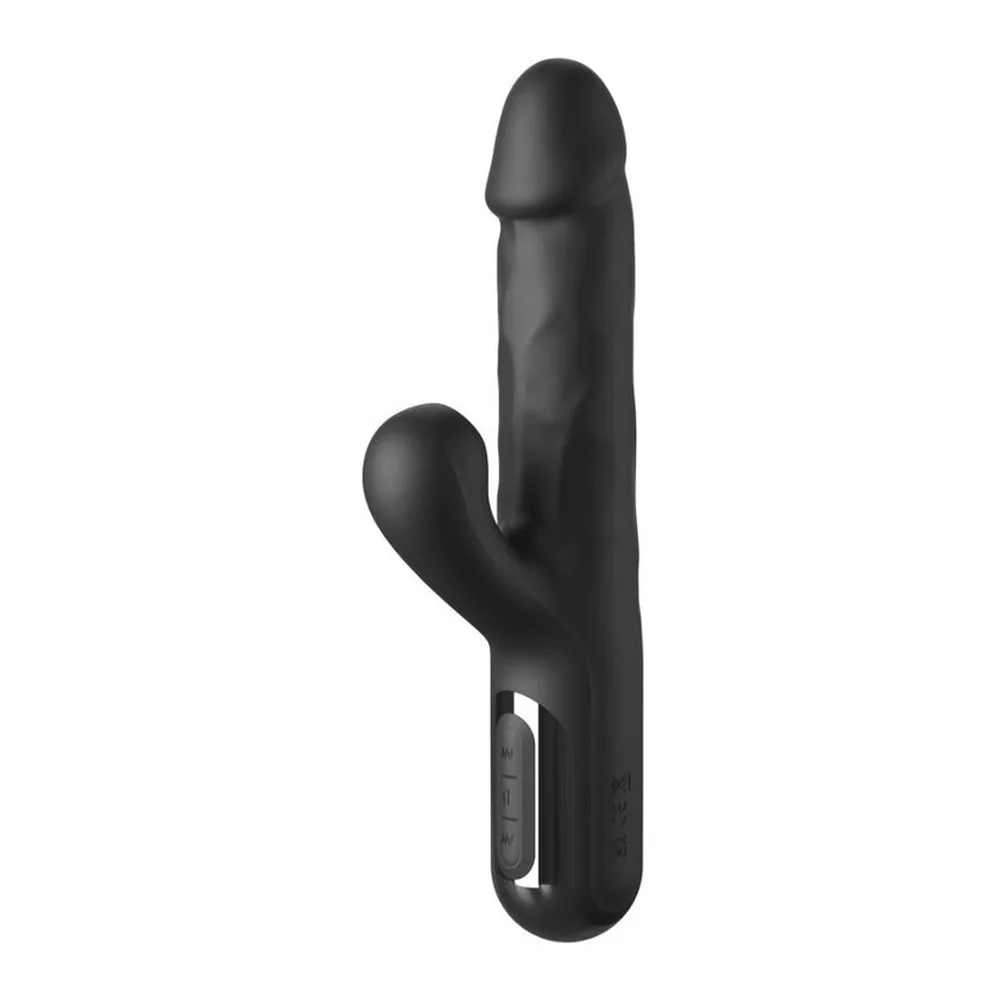 Vibromasseur rabbit en silicone noir avec branche clitoridienne courbe, tige principale épaisse et boutons de contrôle visibles sur le côté, sur fond blanc