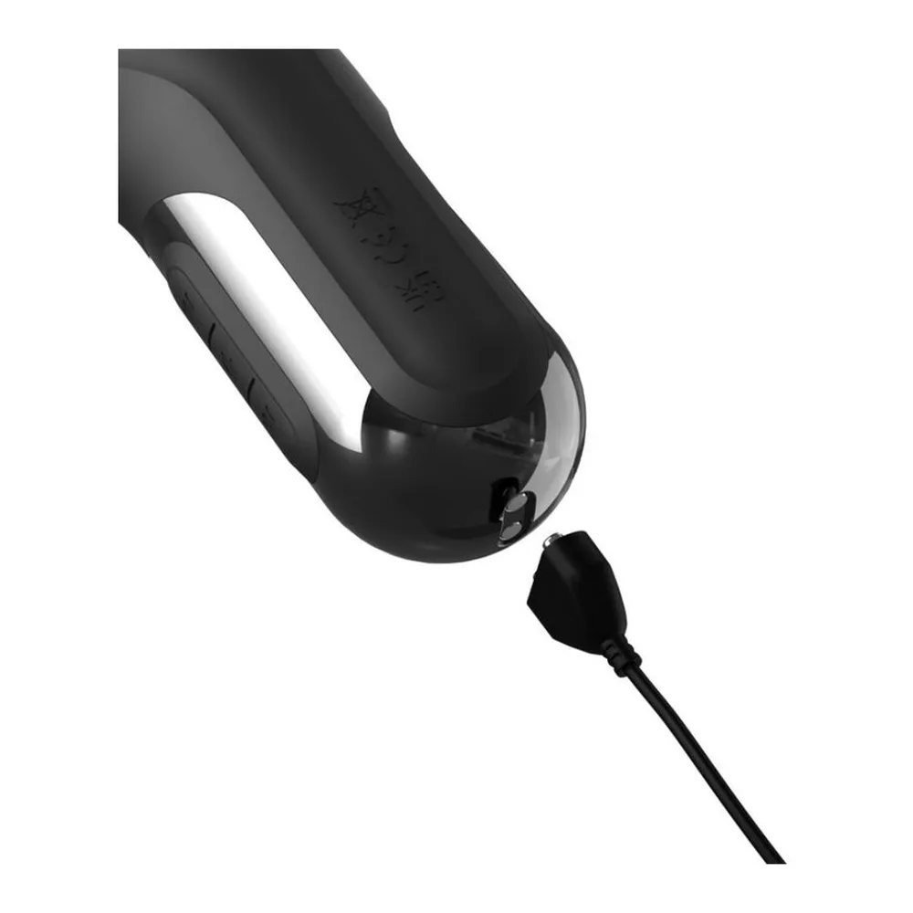 Vibromasseur rabbit en silicone noir avec branche clitoridienne courbe, tige principale épaisse et boutons de contrôle visibles sur le côté, sur fond blanc