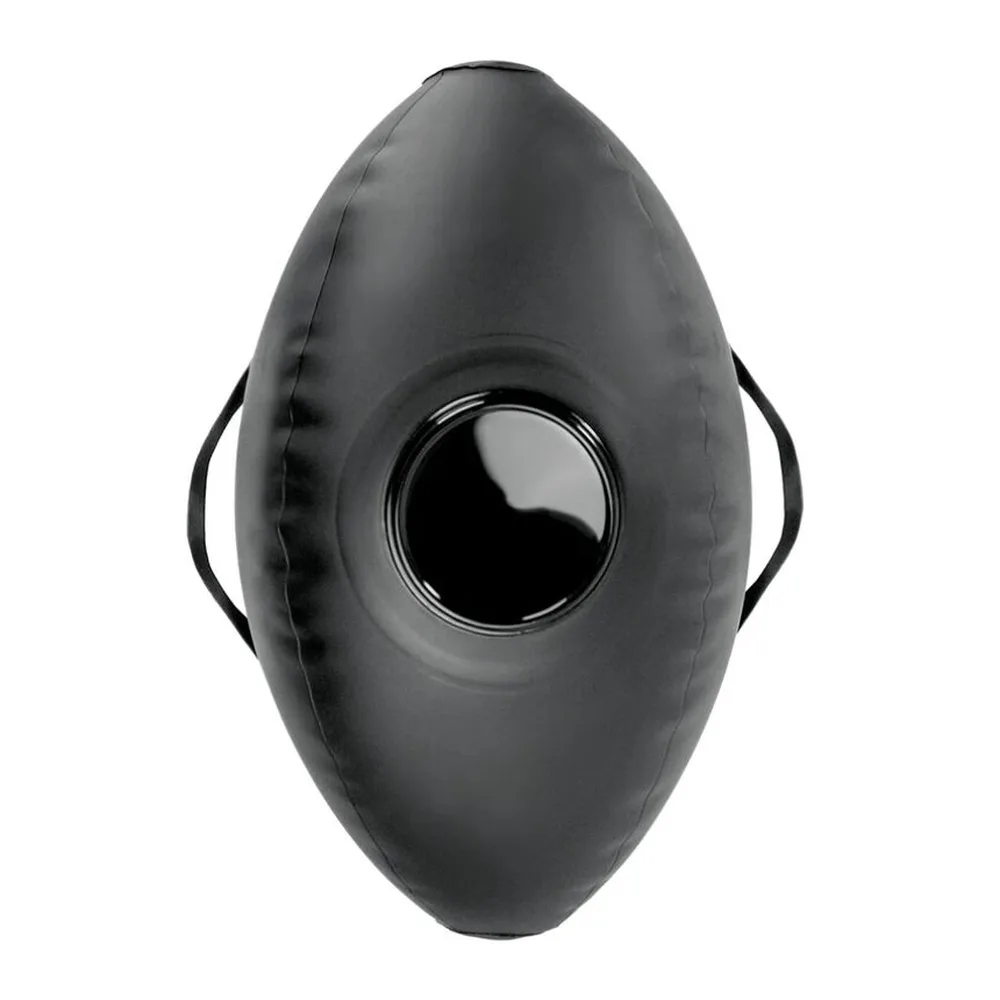 Coussin gonflable noir de forme ovale avec ouverture circulaire centrale et poignées de transport intégrées, sur fond blanc