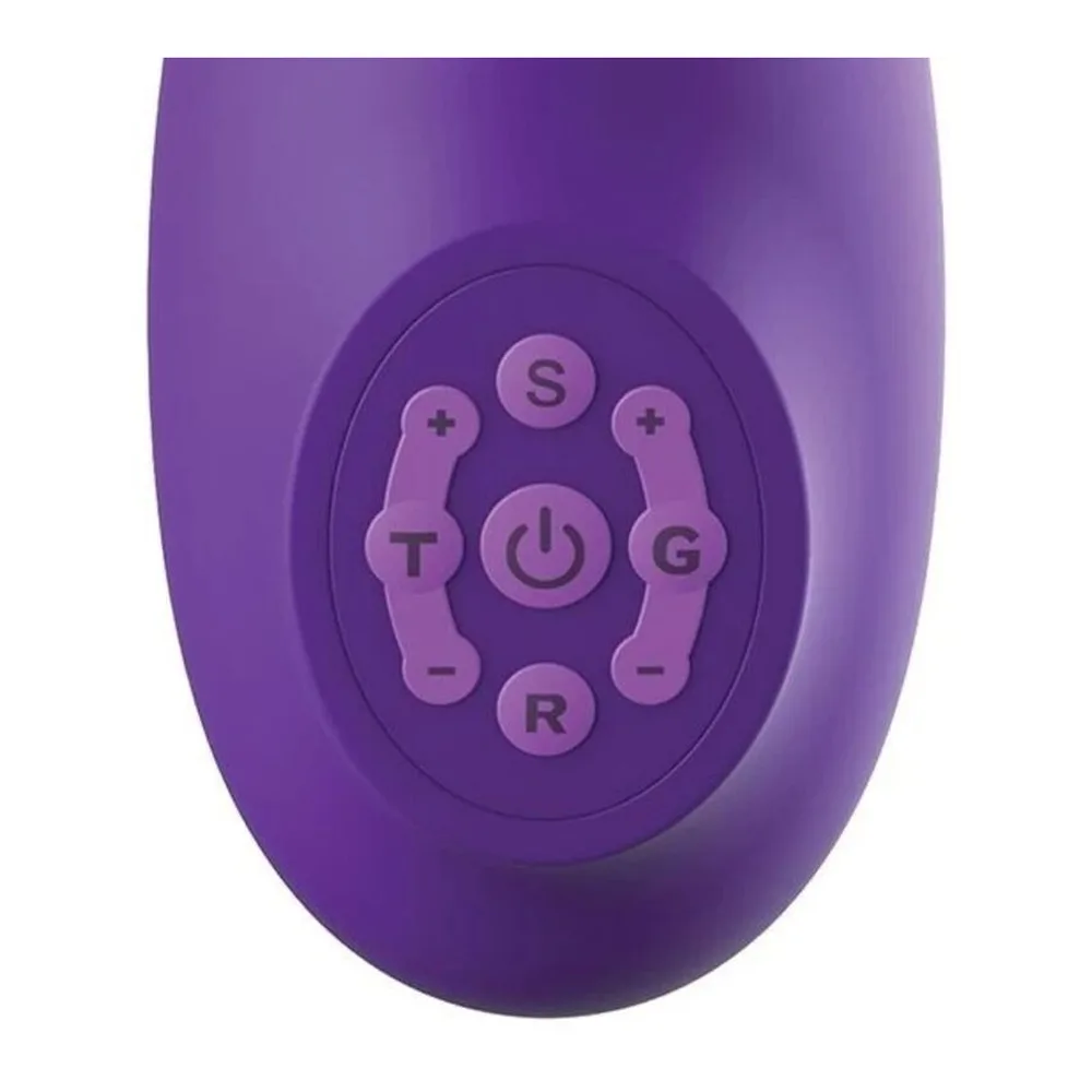 Vibromasseur rabbit en silicone violet avec bras clitoridien coudé, corps bulbeux muni d'un panneau de commande, et base transparente sur fond blanc