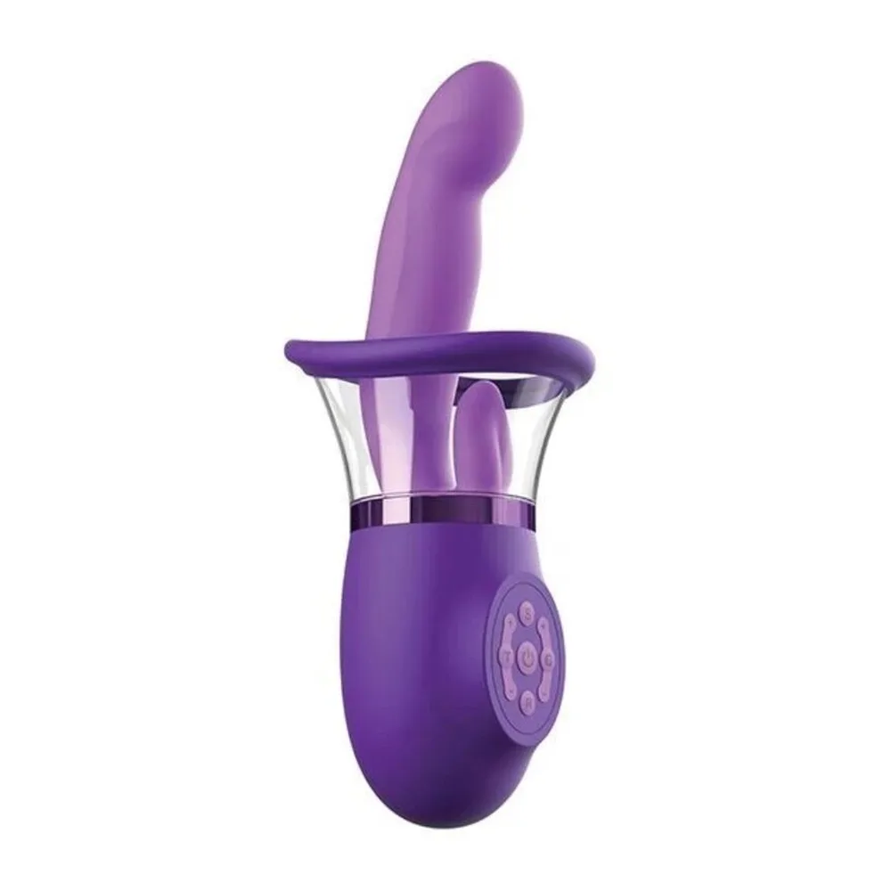Vibromasseur rabbit en silicone violet avec bras clitoridien coudé, corps bulbeux muni d'un panneau de commande, et base transparente sur fond blanc