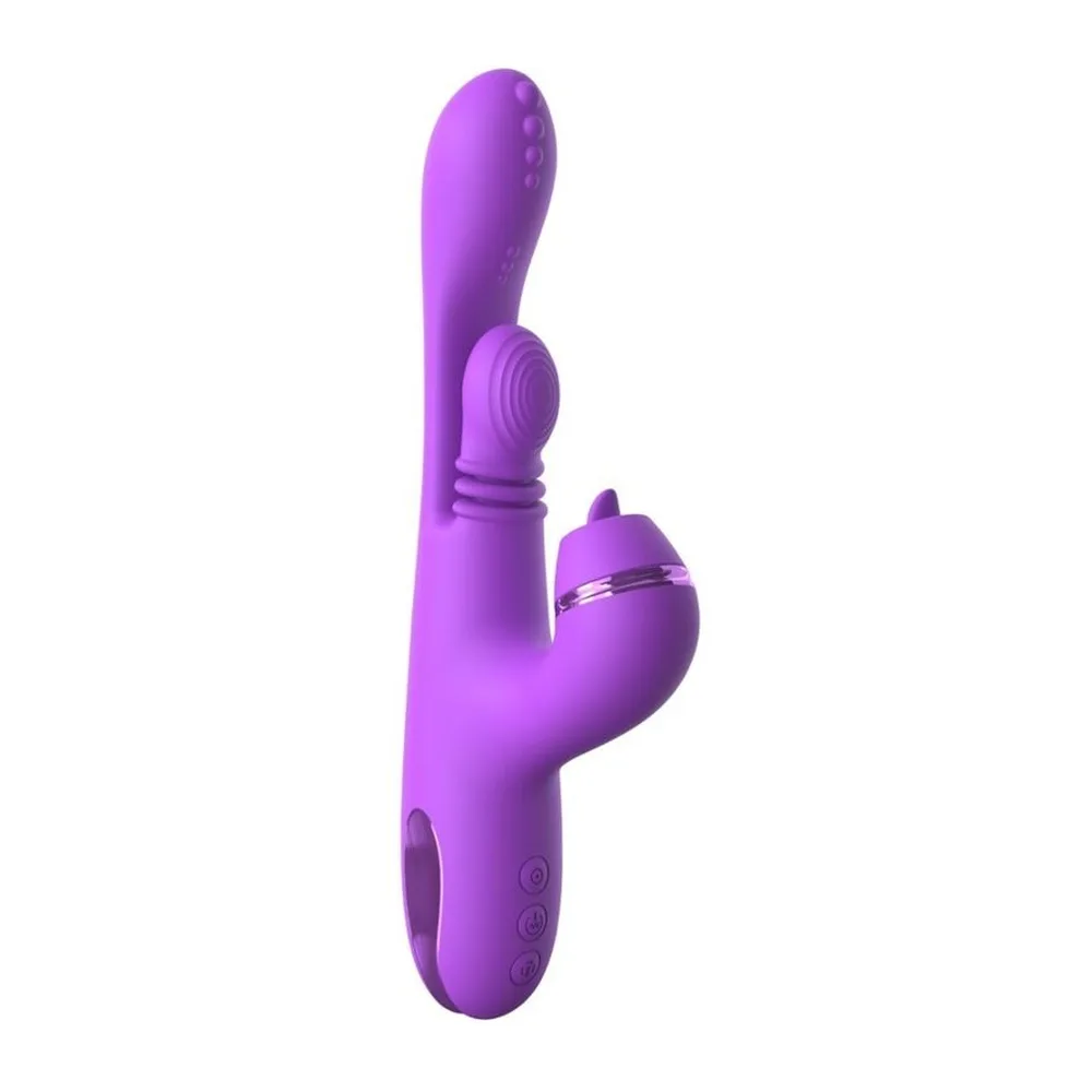 Vibromasseur rabbit violet avec tige longue nervurée, bras clitoridien arrondi, anneau doré et boutons de contrôle en base, sur fond blanc