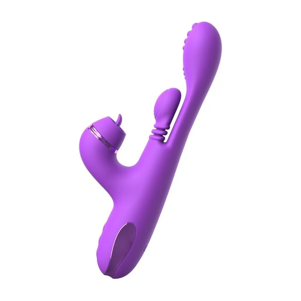 Vibromasseur rabbit violet avec tige longue nervurée, bras clitoridien arrondi, anneau doré et boutons de contrôle en base, sur fond blanc
