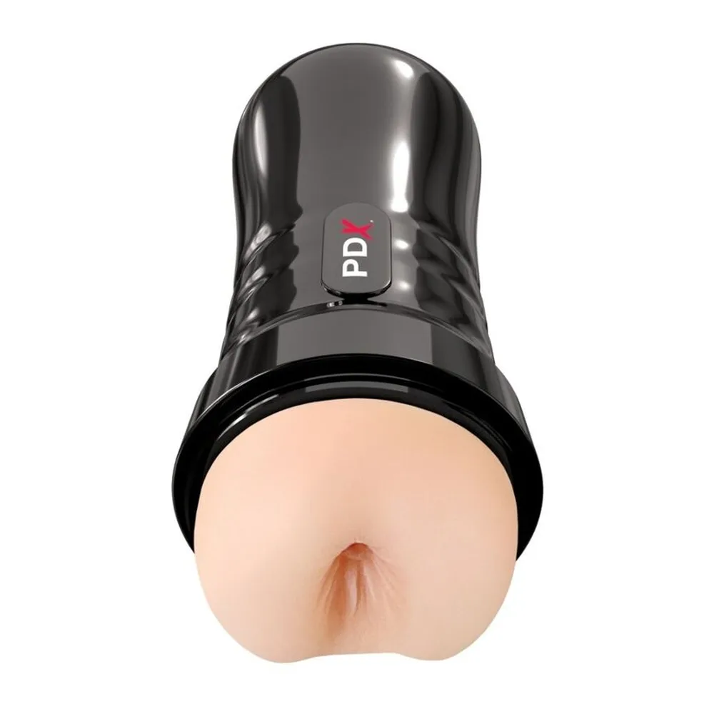 Masturbateur cylindrique noir brillant avec embout chair réaliste, bouton de contrôle PDI sur le corps, présenté de face sur fond blanc