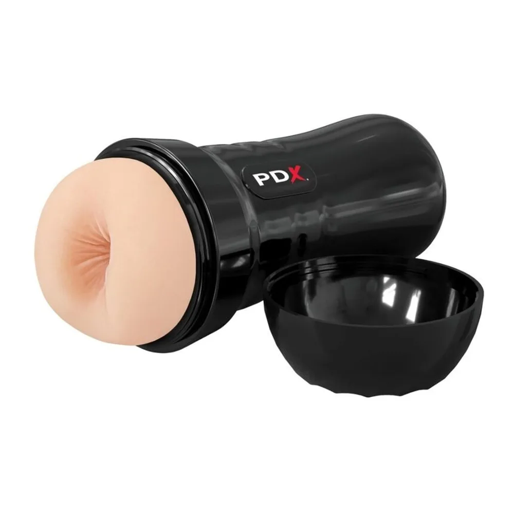 Masturbateur cylindrique noir brillant avec embout chair réaliste, bouton de contrôle PDI sur le corps, présenté de face sur fond blanc