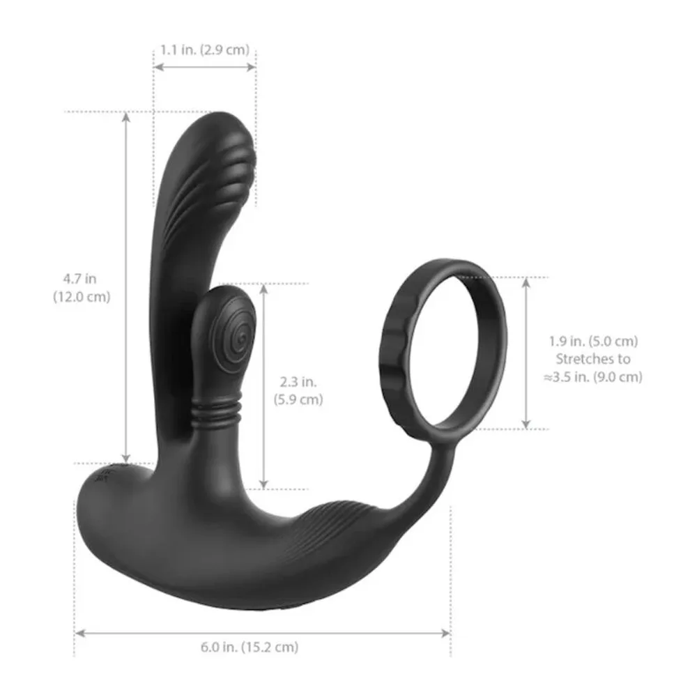 Schéma de dimensions d'un stimulateur de prostate noir en silicone avec branche prostatique courbe, bulbe de base arrondi et anneau de maintien extensible, montrant les mesures en pouces et centimètres