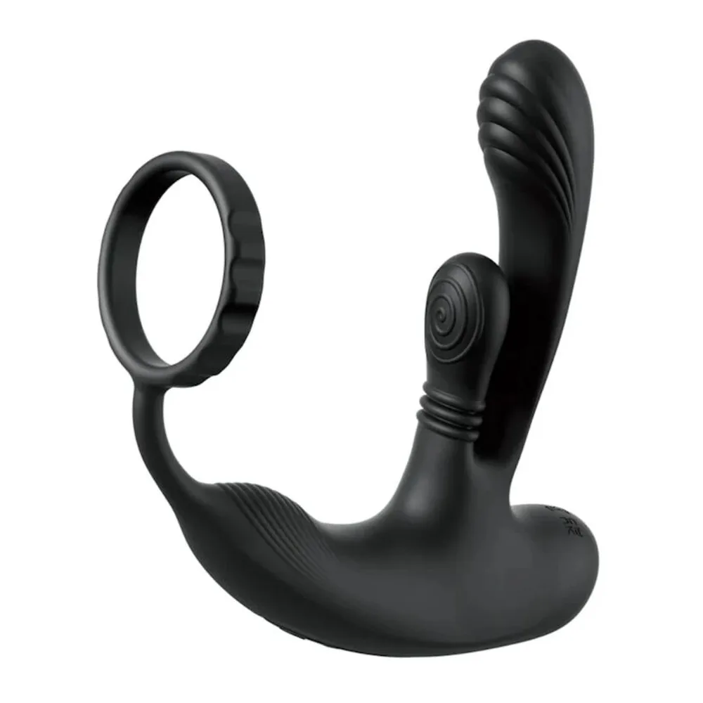 Schéma de dimensions d'un stimulateur de prostate noir en silicone avec branche prostatique courbe, bulbe de base arrondi et anneau de maintien extensible, montrant les mesures en pouces et centimètres