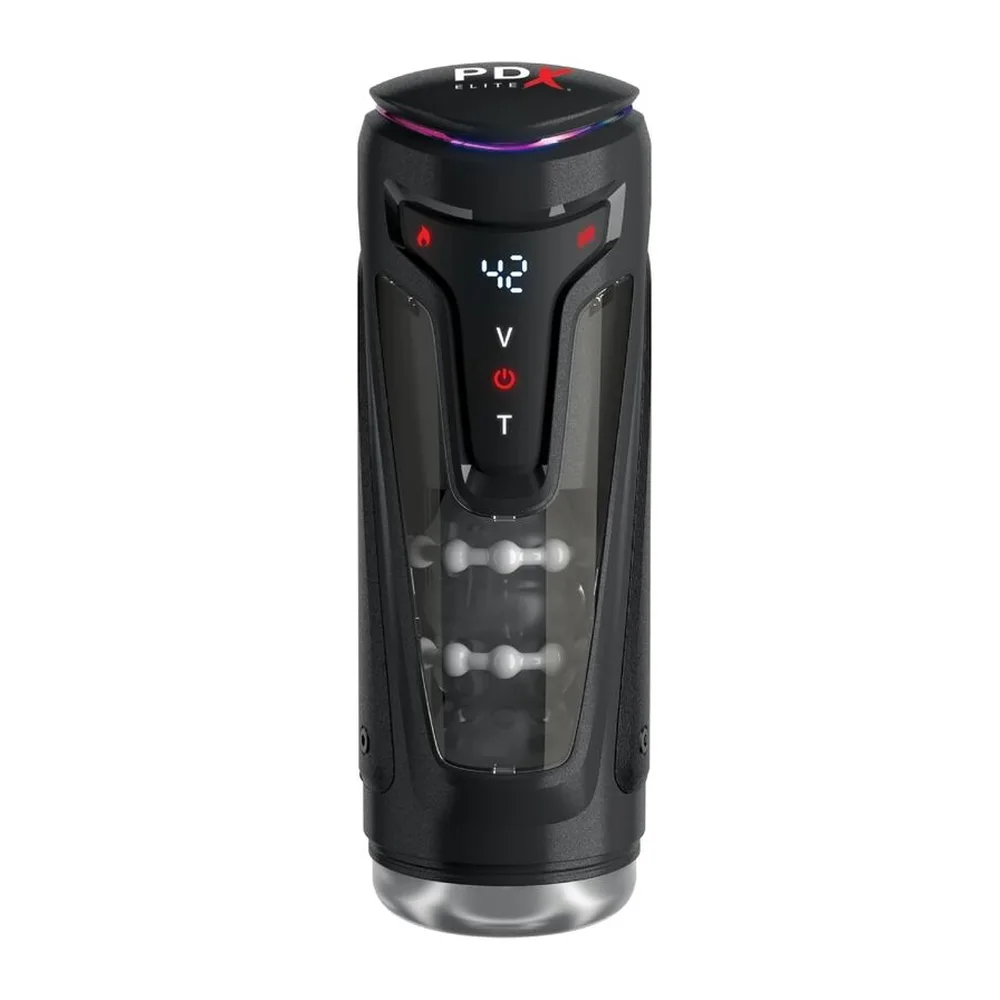 Masturbateur noir cylindrique avec écran numérique affichant 42, boutons de contrôle, voyants rouges, intérieur transparent montrant mécanisme blanc, base métallique, bandeau luminescent violet sur le dessus