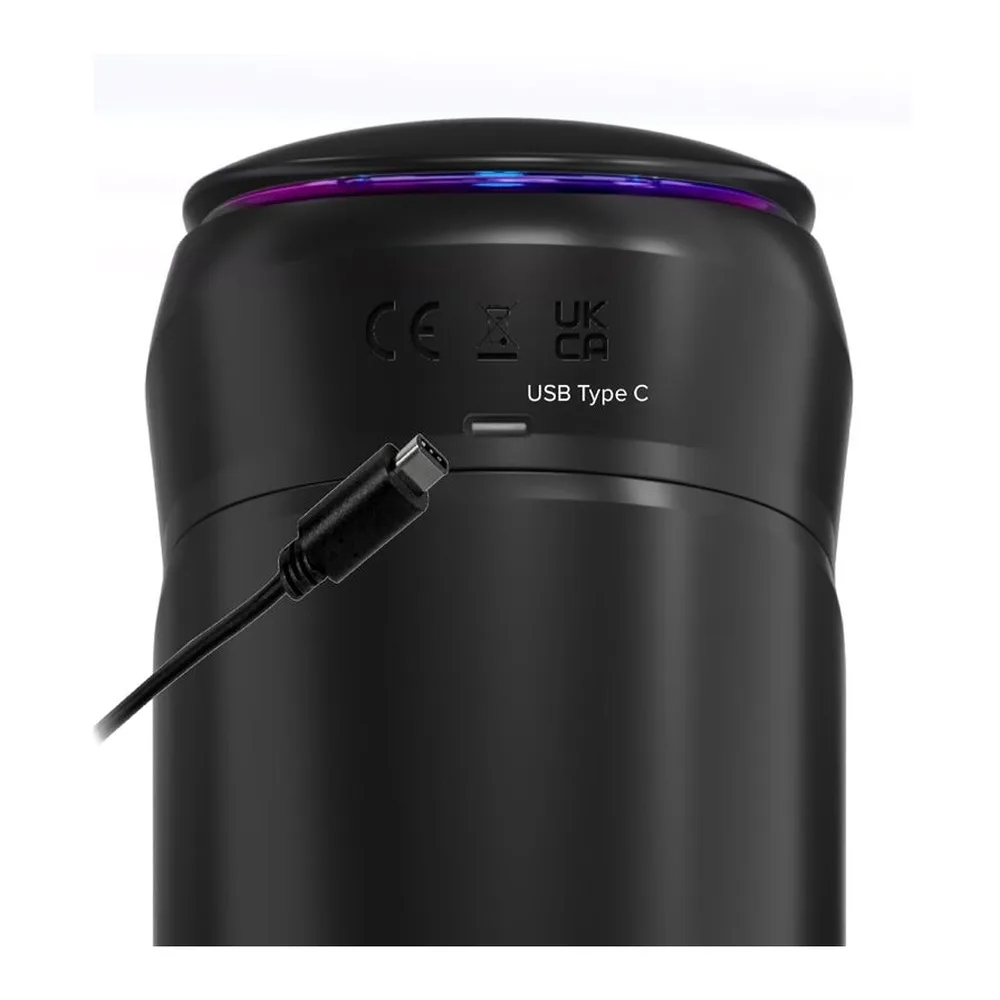 Masturbateur noir cylindrique avec écran numérique affichant 42, boutons de contrôle, voyants rouges, intérieur transparent montrant mécanisme blanc, base métallique, bandeau luminescent violet sur le dessus
