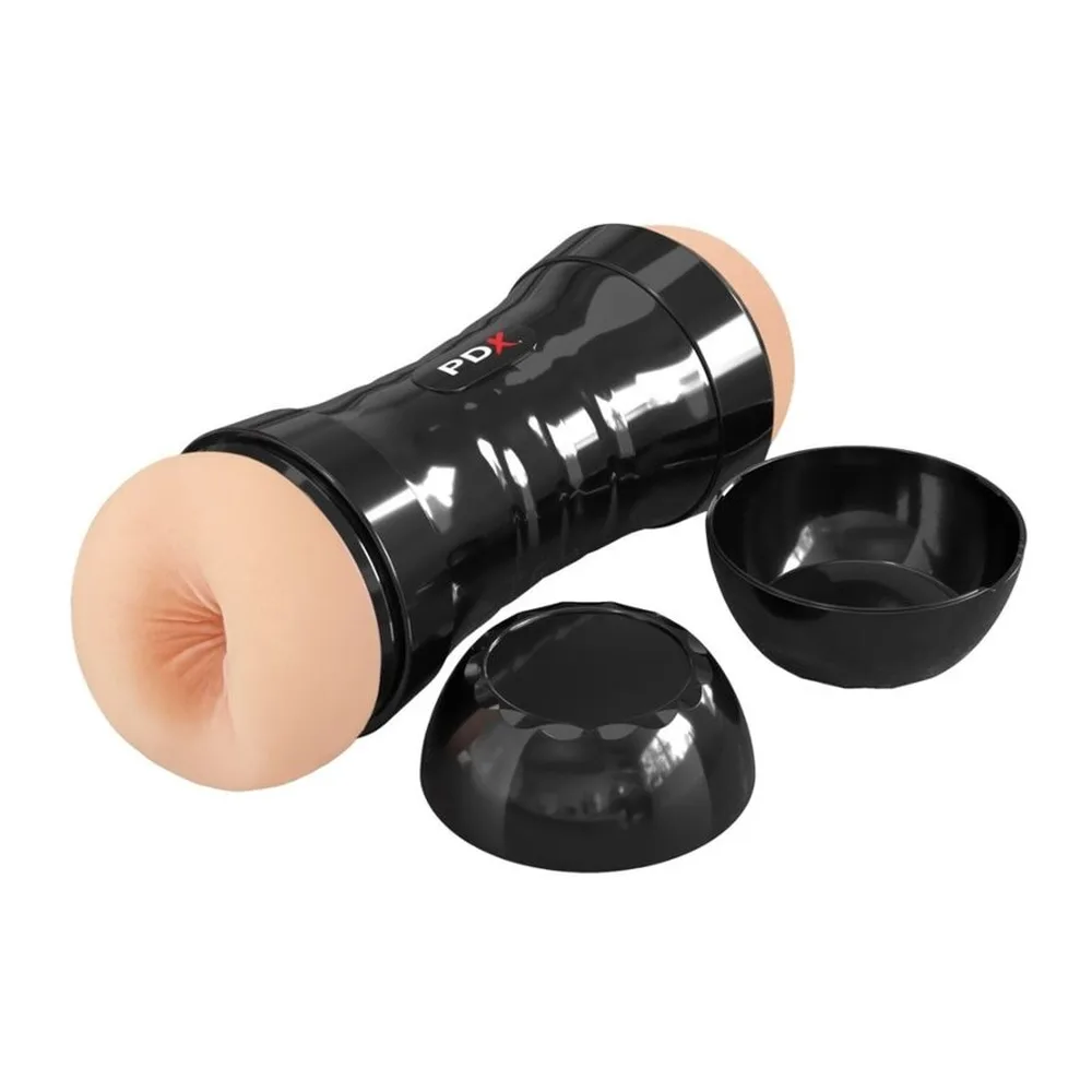 Masturbateur cylindrique noir et gris avec deux extrémités réalistes en silicone chair, manchon réversible, sur fond blanc