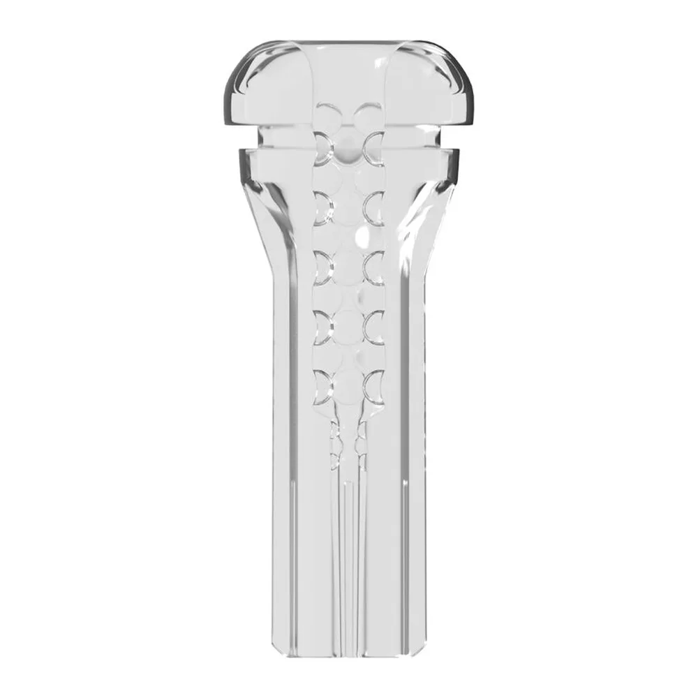 Pompe à pénis transparente avec cylindre en verre accueillant un pénis en silicone rose, tube flexible transparent et pompe manuelle blanche détachable sur fond blanc