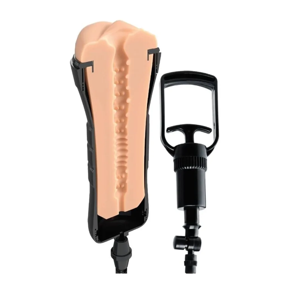 Masturbateur beige chair avec structure de relief interne visible, maintenu dans un cadre noir, accompagné de sa pompe d'aspiration réglable à manche noir