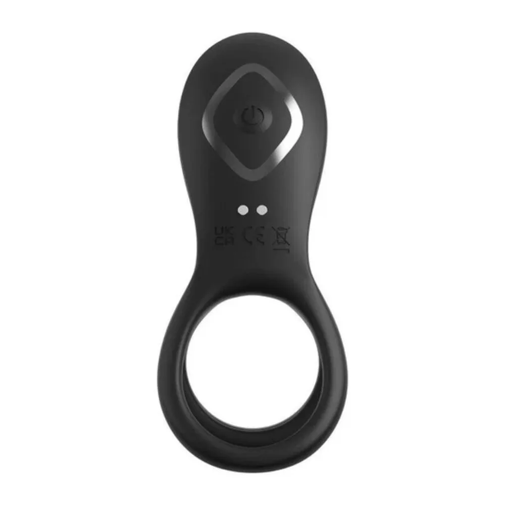 Anneau de couple noir en silicone souple avec tête de stimulation carrée et anneau de base, deux boutons de contrôle sur le côté, fond blanc