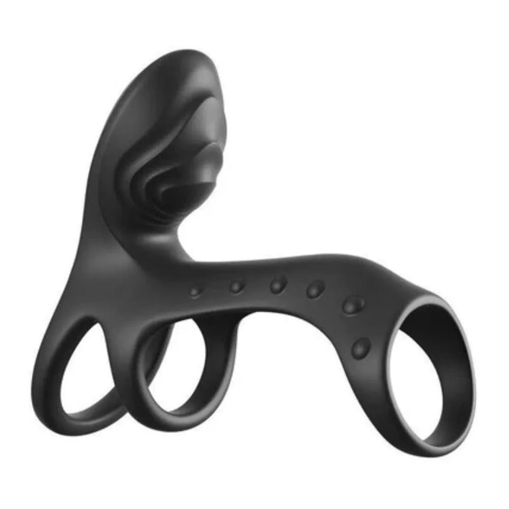 Anneau de couple noir en silicone souple avec tête de stimulation carrée et anneau de base, deux boutons de contrôle sur le côté, fond blanc