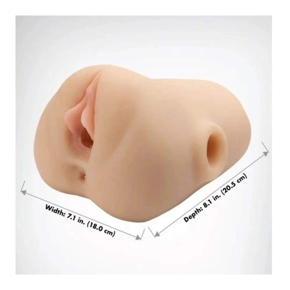 Masturbateur en silicone chair avec détails réalistes, base souple à presser pour ajuster la pression, sur fond blanc
