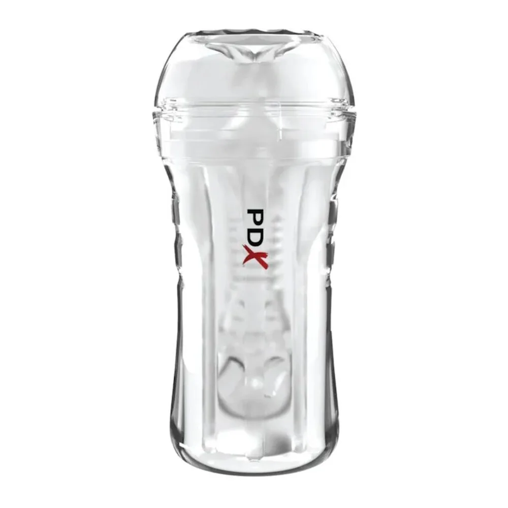 Masturbateur transparent en verre avec logo PDX, canal intérieur visible, ouverture supérieure, design cylindrique allongé sur fond blanc