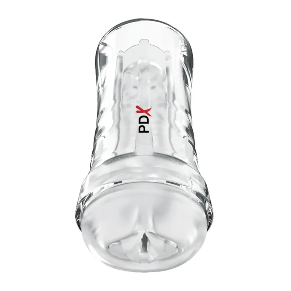 Masturbateur transparent en verre avec logo PDX, canal intérieur visible, ouverture supérieure, design cylindrique allongé sur fond blanc
