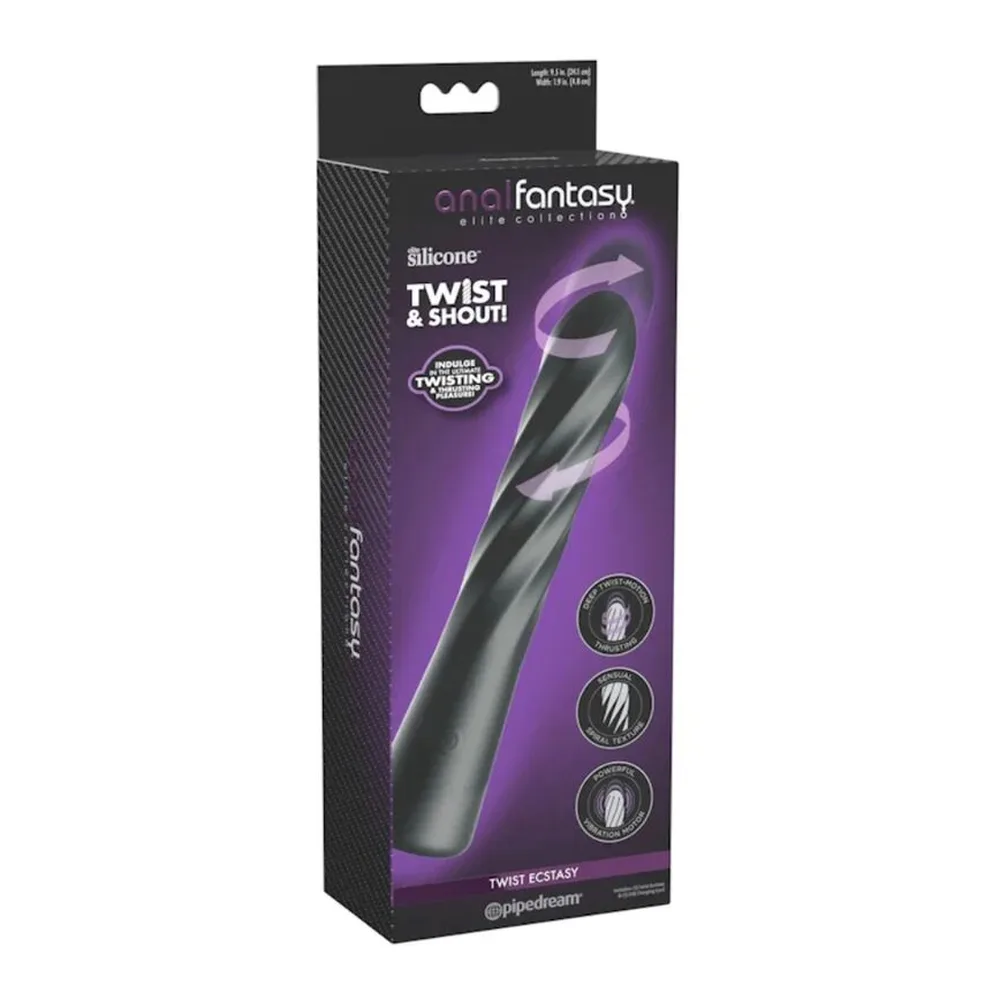 Sextoy anal en silicone noir avec bandes de torsion violettes, embout arrondi et poignée ergonomique, fond blanc