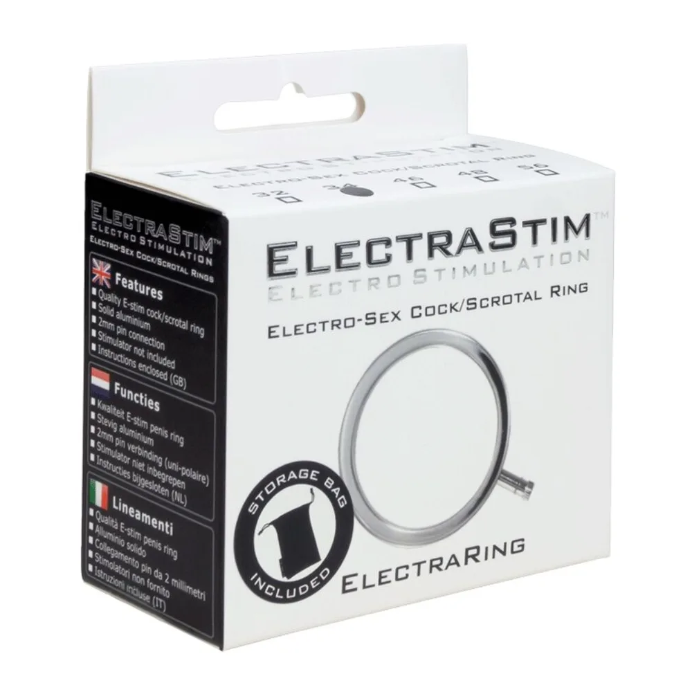 Cockring en aluminium gris métallisé avec section plate, muni d'un câble de connexion à la base, sur fond blanc