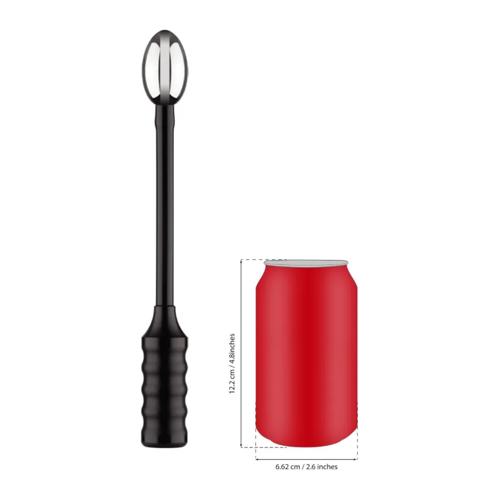 Sonde électro en silicone noir avec tige flexible et tête ovale, comparée à une canette rouge sur schéma de dimensions