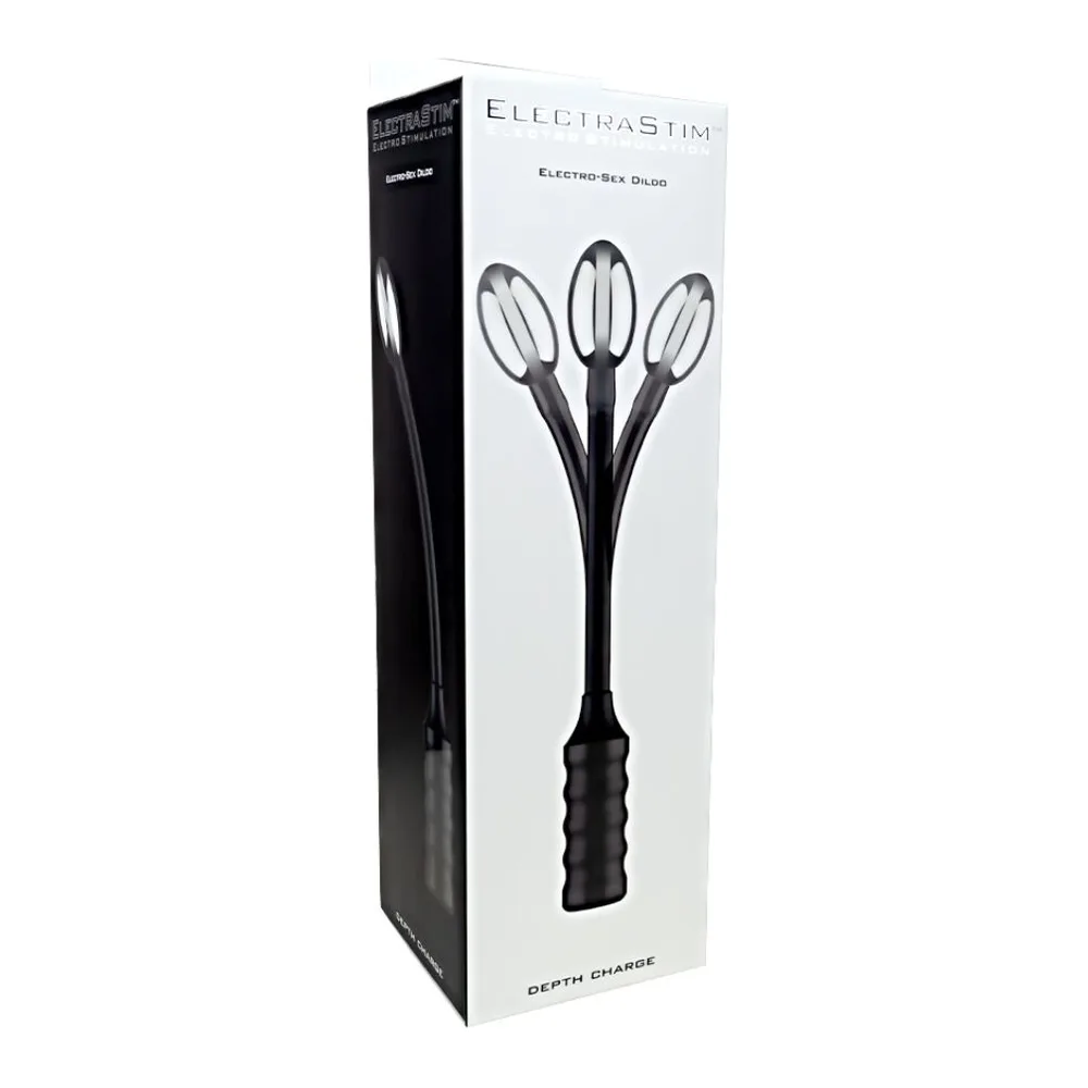 Sonde électro en silicone noir avec tige flexible et tête ovale, comparée à une canette rouge sur schéma de dimensions