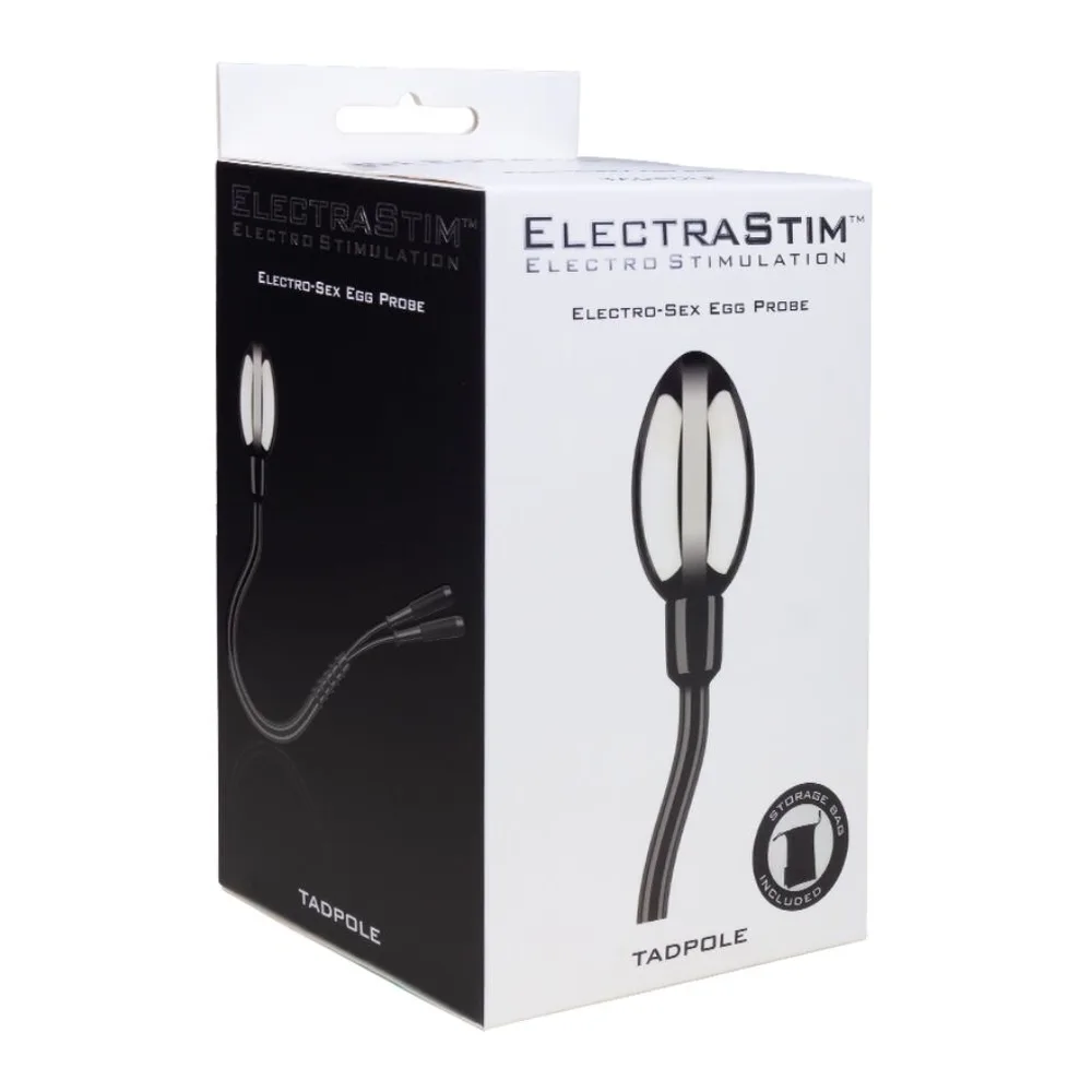 Emballage blanc et noir de l'électrode Tadpole ElectraStim, montrant l'œuf noir de silicone bipolaire avec sa queue flexible de câble tressé